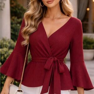 Luxxel Wrap Tie Waist Blouse in Wine